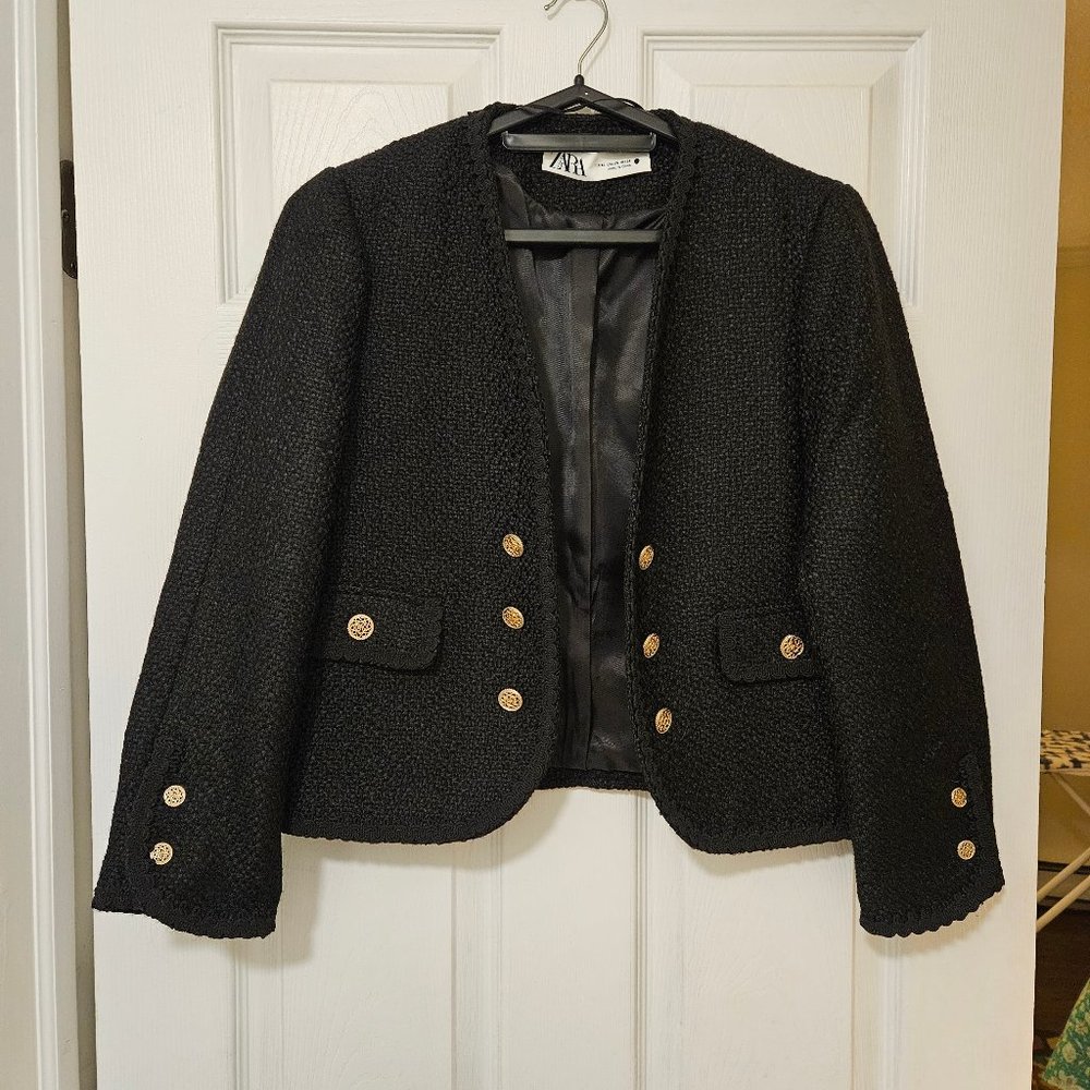 Zara Cropped Black Boucle Jacket XS